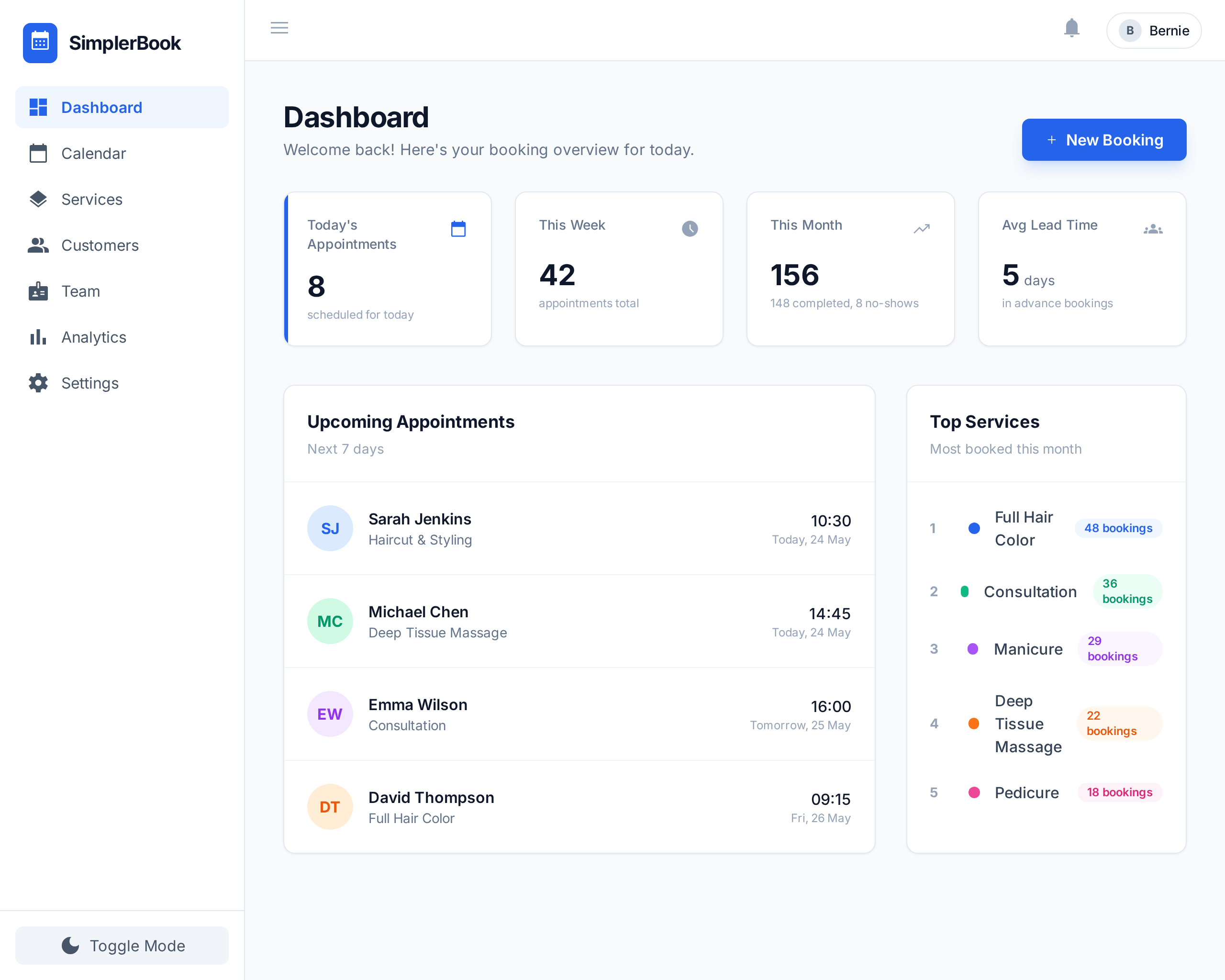 SimplerBook Dashboard Interface